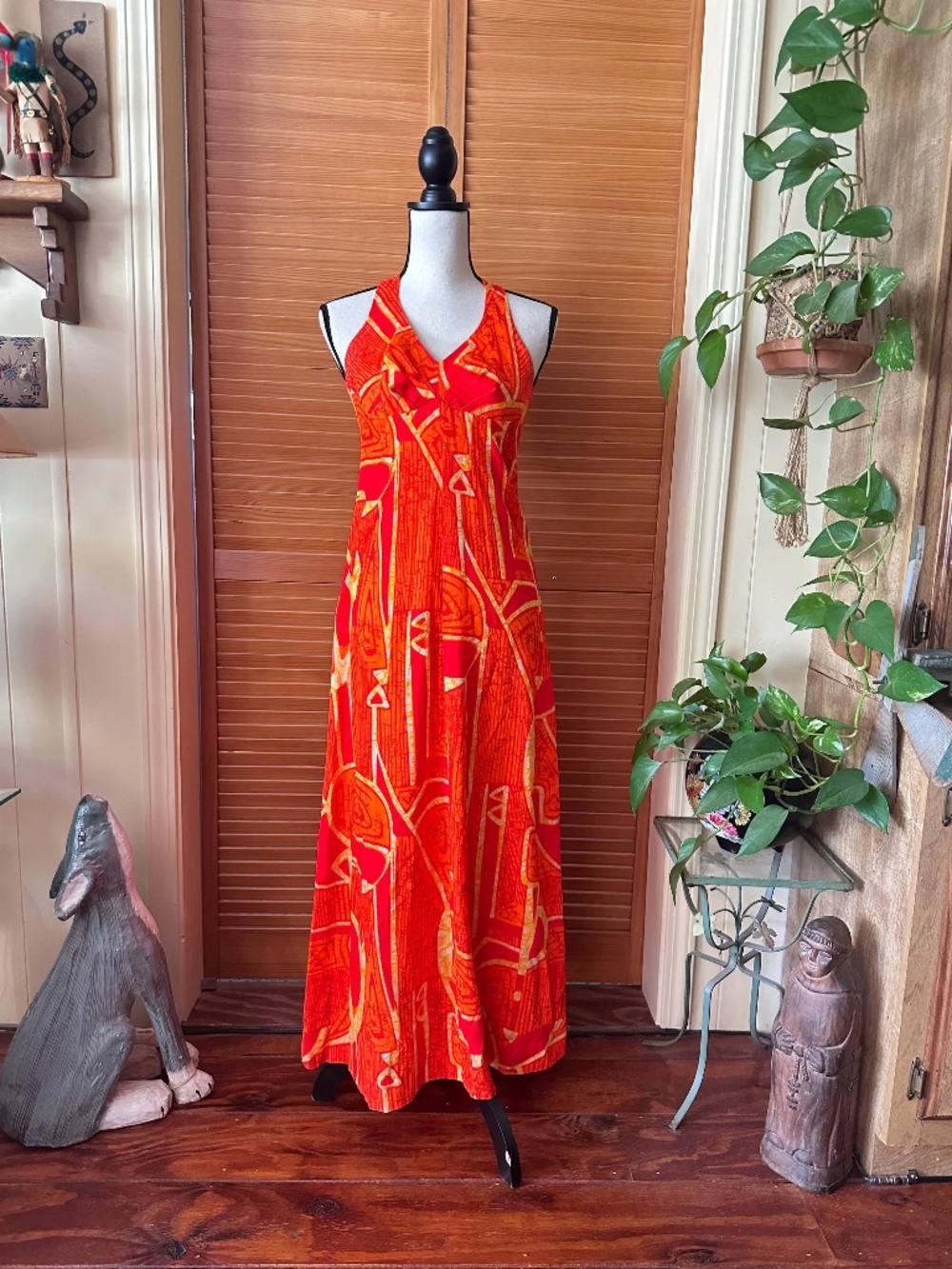 Vintage 1960s HAWAIIAN Tiki DRESS : Polynesian HALTER Maxi Gown